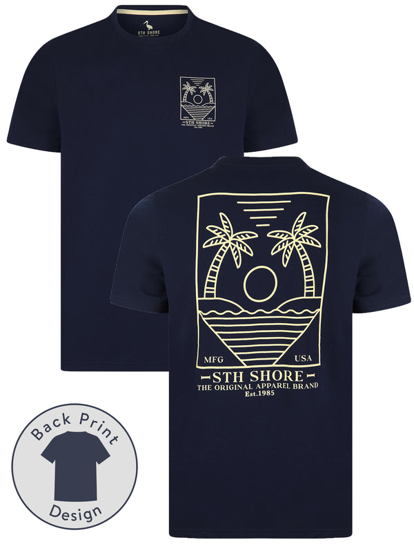 Beglin Back Print Vintage Retro Graphic Motif Cotton Jersey T-Shirt in Medieval Blue - South Shore