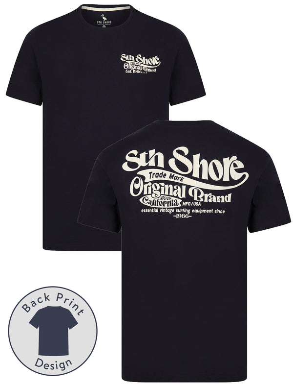 Benteke Back Print Vintage Retro Graphic Motif Cotton Jersey T-Shirt in Sky Captain Navy - South Shore