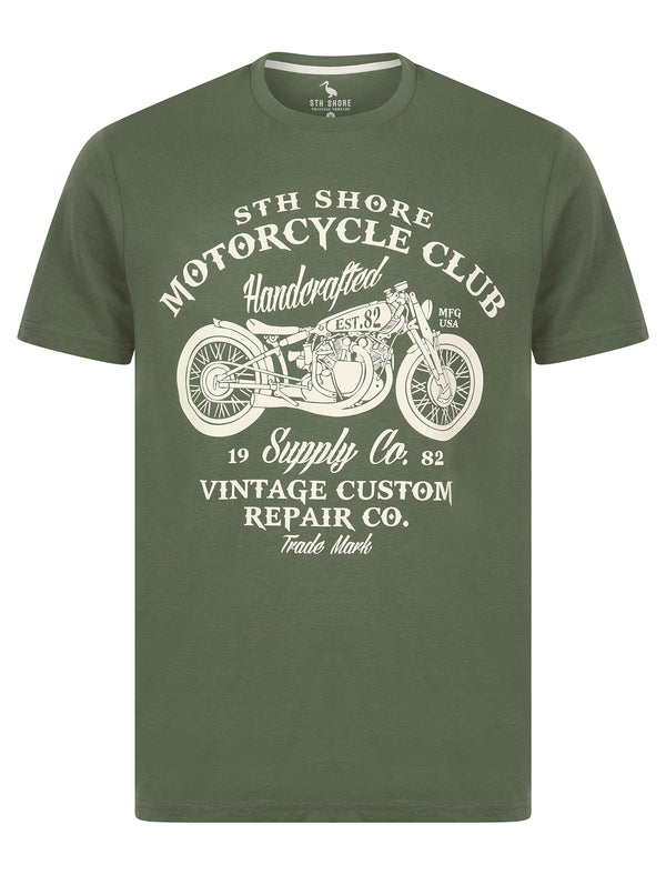 Berger Vintage Retro Graphic Print Motif Cotton Jersey Crew Neck T-Shirt in Thyme - South Shore