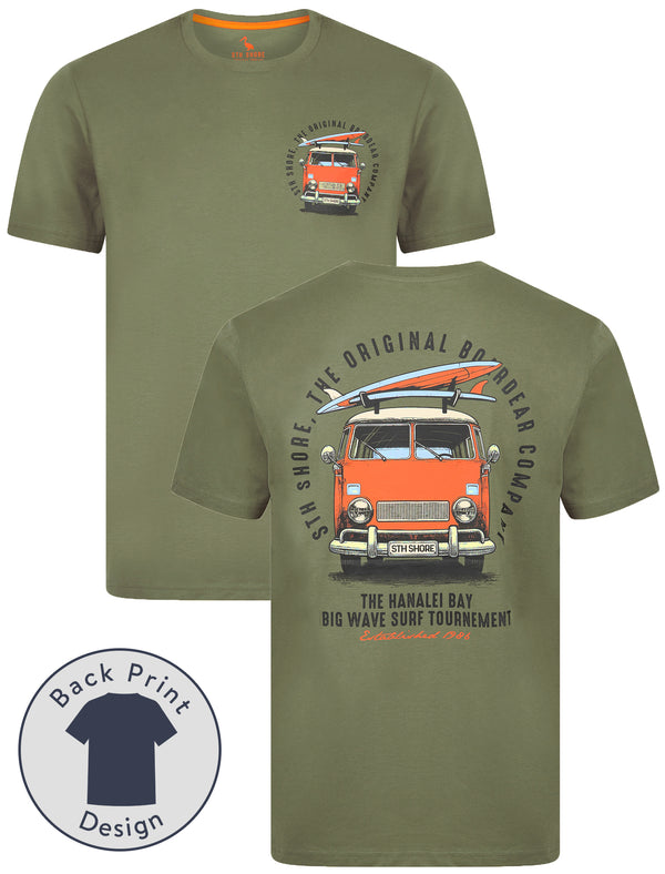 Borini Back Print Vintage Retro Graphic Motif Cotton Jersey T-Shirt in Mulled Basil - South Shore