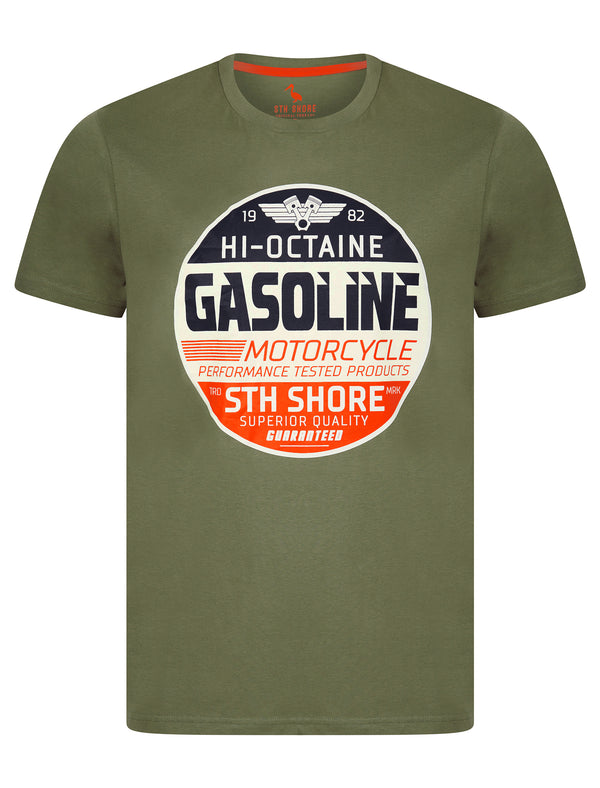 Burrows Vintage Retro Graphic Print Motif Cotton Jersey T-Shirt in Mulled Basil - South Shore