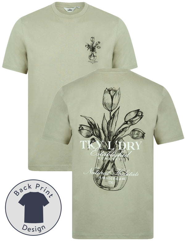 Tassos Vintage Retro Reverse Graphic Print Cotton Jersey T-Shirt in Seagrass - Tokyo Laundry