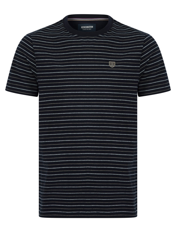 Cascais Cotton Pique Yarn Dyed Stripe Crew Neck T-Shirt in Sky Captain Navy - Kensington Eastside