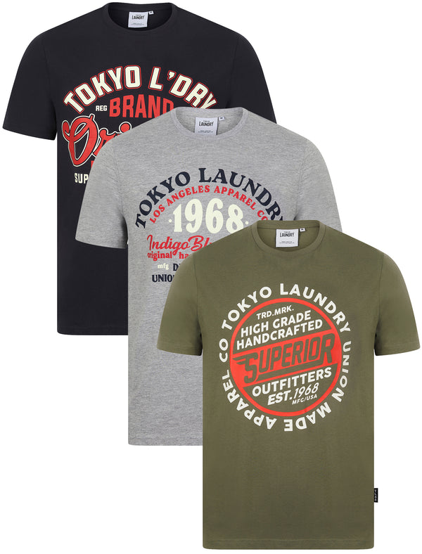 Original (3 Pack) Retro Graphic Print Motif Cotton Jersey T-Shirt Set in Sky Captain Navy / Light Grey Marl / Mulled Basil - Tokyo Laundry