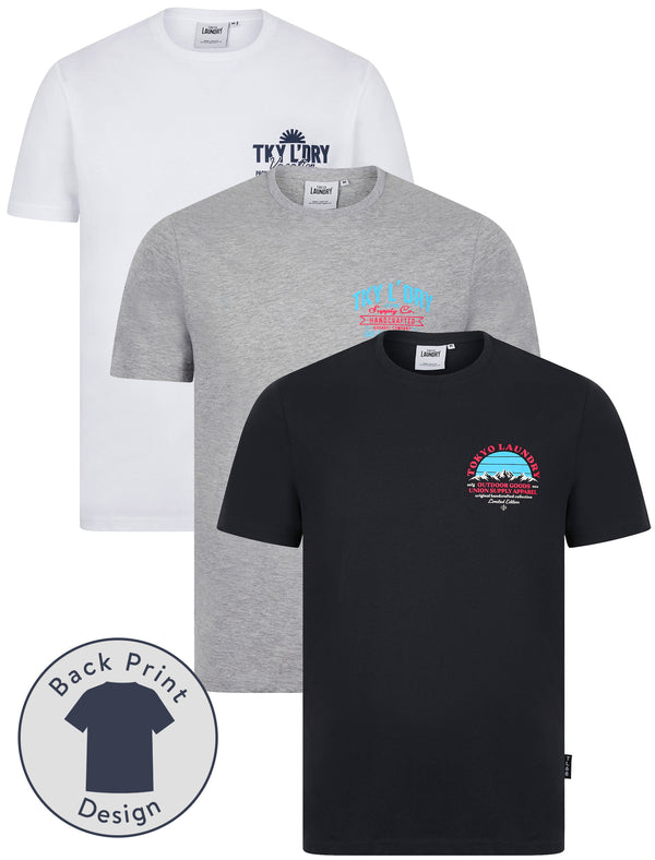 Union (3 Pack) Retro Graphic Back Print Motif Cotton Jersey T-Shirt Set in Optic White / Light Grey Marl / Sky Captain Navy - Tokyo Laundry