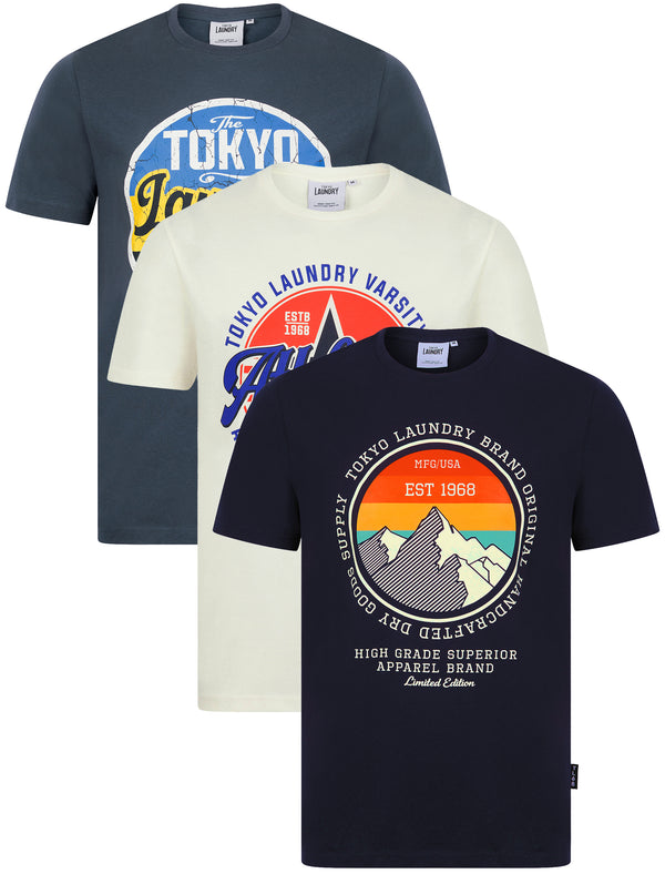 Allstar (3 Pack) Retro Graphic Print Motif Cotton Jersey T-Shirt Set in Nightshadow Blue / Sugar Swizzle / Sky Captain Navy - Tokyo Laundry