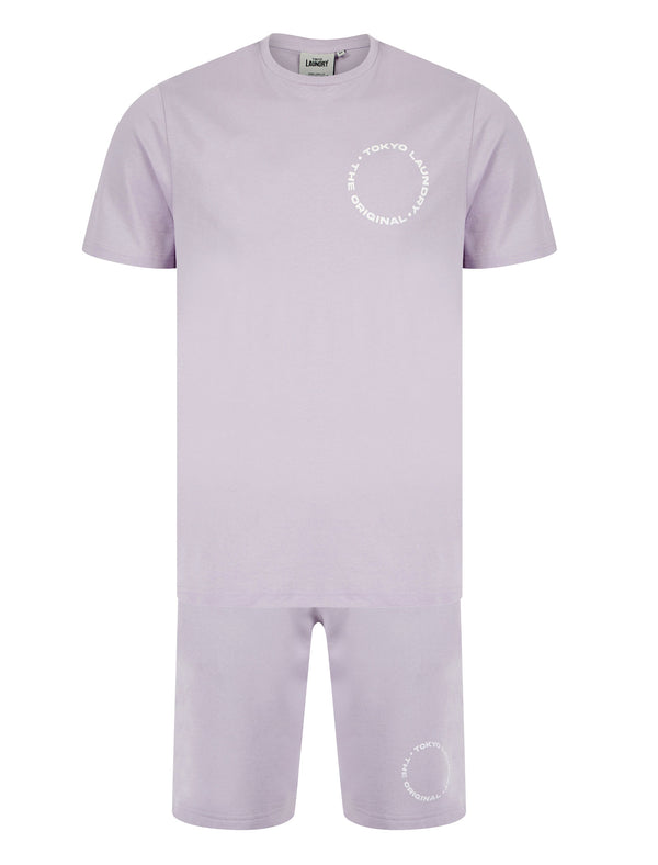 Kade Motif Cotton Crew Neck T-Shirt and Brushback Fleece Jogger Shorts Set in Lilac - Tokyo Laundry