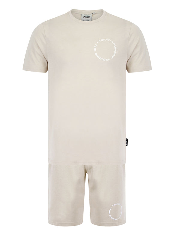 Kade Motif Cotton Crew Neck T-Shirt and Brushback Fleece Jogger Shorts Set in Light Stone - Tokyo Laundry
