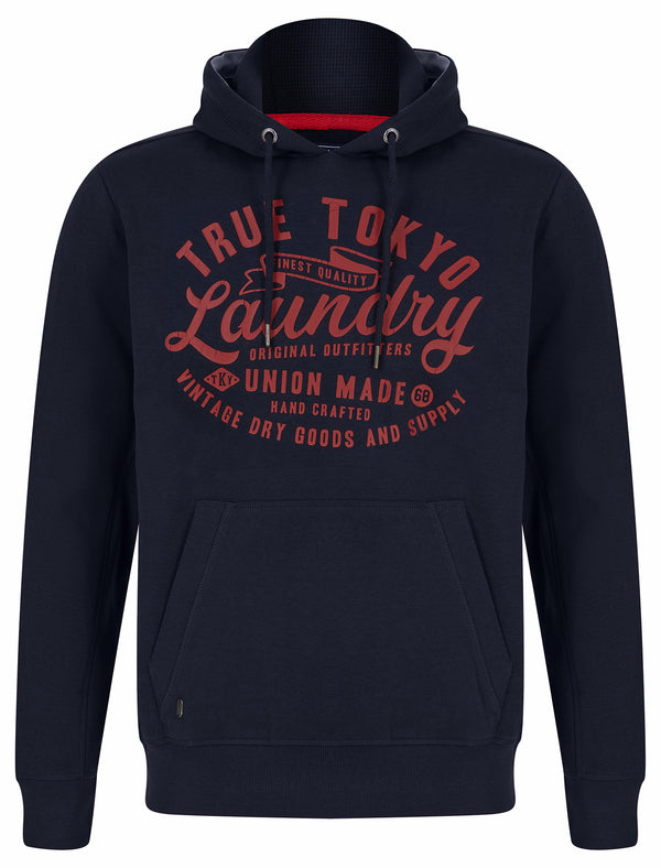 Sword Motif Brushback Fleece Pullover Hoodie in Sky Captain Navy - Tokyo Laundry