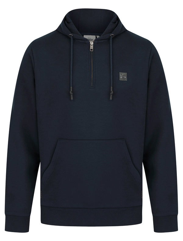 Invective Quarter Zip Neck Brushback Fleece Pullover Hoodie in Sky Captain Navy - Tokyo Laundry