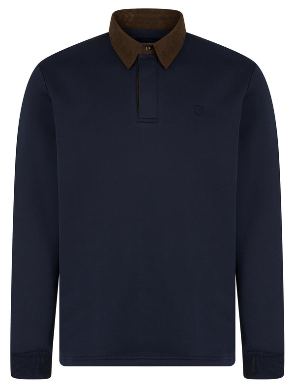 Kaleo Brushback Fleece Pullover Polo Sweatshirt with Corduroy Collar in Sky Captain Navy - Kensington Eastside