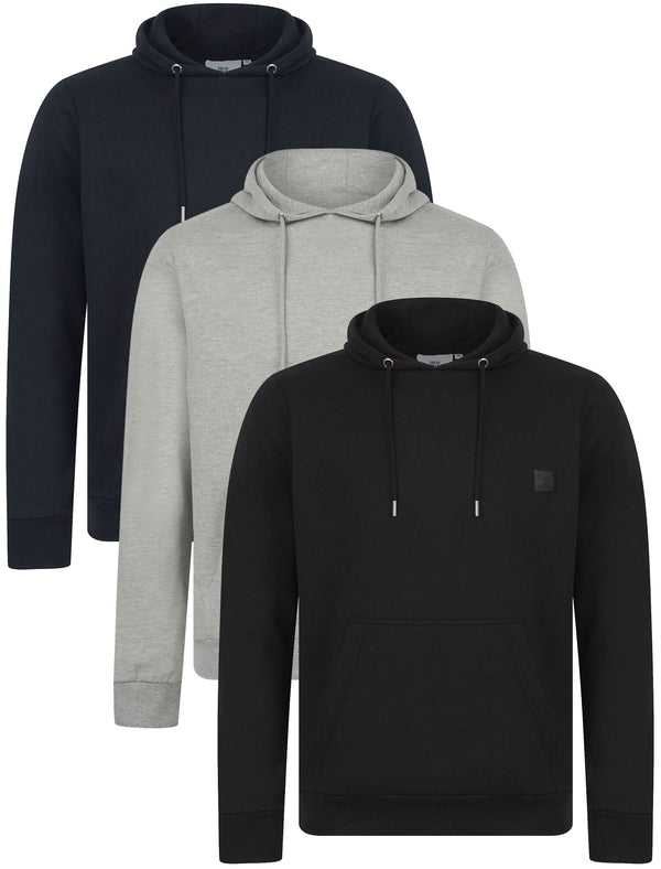 Hargrove (3 Pack) Plain Brushback Fleece Pullover Hoodies Set in Sky Captain Navy / Light Grey Marl / Jet Black - Tokyo Laundry