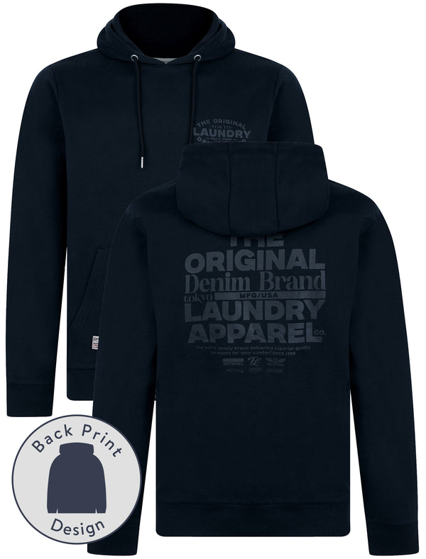 Balmoral Graphic Motif Brushback Fleece Pullover Hoodie with Back Print in Sky Captain Navy - Tokyo Laundry