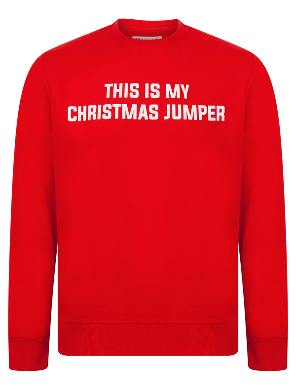 Men's My Christmas Jumper Novelty Crew Neck Brushback Fleece Pullover Sweater in Tokyo Red - Merry Christmas