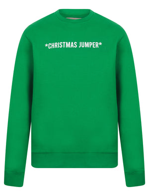 Men's Christmas Jumper Novelty Crew Neck Brushback Fleece Pullover Sweater in Amazon Green - Merry Christmas