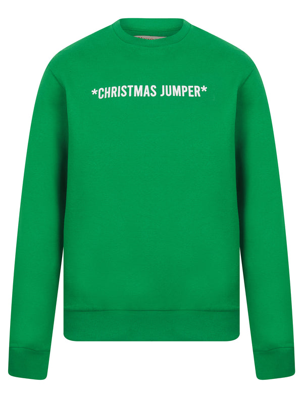 Men's Christmas Jumper Novelty Crew Neck Brushback Fleece Pullover Sweater in Amazon Green - Merry Christmas