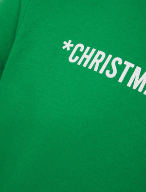 Men's Christmas Jumper Novelty Crew Neck Brushback Fleece Pullover Sweater in Amazon Green - Merry Christmas