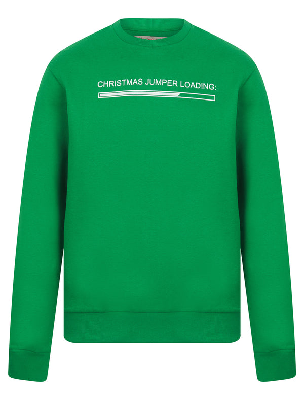 Men's Jumper Loading Novelty Crew Neck Brushback Fleece Christmas Pullover Sweater in Amazon Green - Merry Christmas
