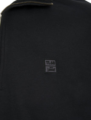 Diageo Cotton Blend Quarter Zip Funnel Neck Brushback Fleece Pullover Sweatshirt in Jet Black - Tokyo Laundry