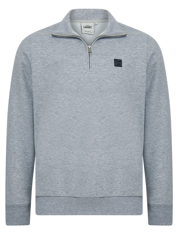 Diageo Cotton Blend Quarter Zip Funnel Neck Brushback Fleece Pullover Sweatshirt in Light Grey Marl - Tokyo Laundry