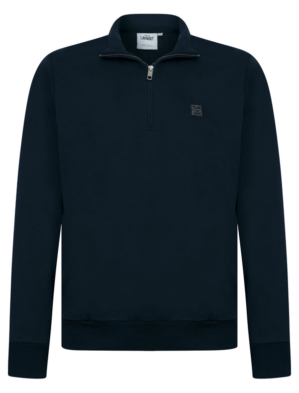 Diageo Cotton Blend Quarter Zip Funnel Neck Brushback Fleece Pullover Sweatshirt in Sky Captain Navy - Tokyo Laundry