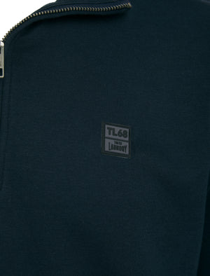 Diageo Cotton Blend Quarter Zip Funnel Neck Brushback Fleece Pullover Sweatshirt in Sky Captain Navy - Tokyo Laundry
