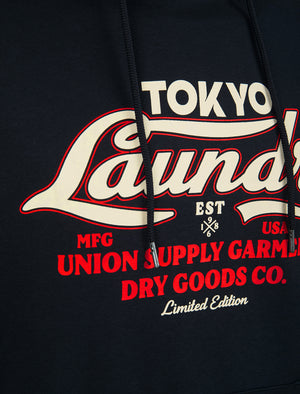 Kennion Graphic Motif Brushback Fleece Pullover Hoodie in Sky Captain Navy - Tokyo Laundry