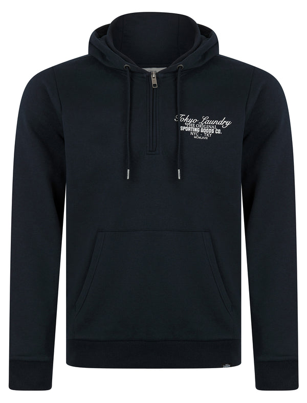 Morar Quarter Zip Neck Brushback Fleece Pullover Hoodie in Sky Captain Navy - Tokyo Laundry