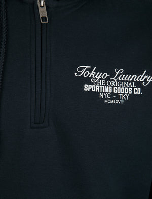 Morar Quarter Zip Neck Brushback Fleece Pullover Hoodie in Sky Captain Navy - Tokyo Laundry