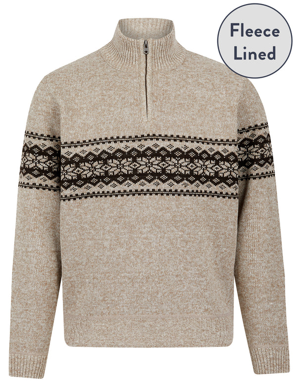 Konan Fleece Lined Funnel Neck Quarter Zip Knitted Fair Isle Style Jumper in Beige Marl - Kensington Eastside