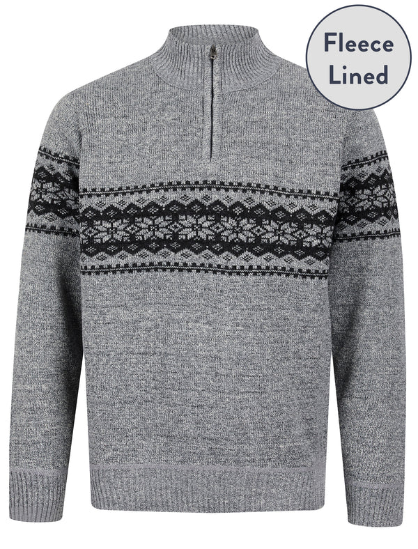 Konan Fleece Lined Funnel Neck Quarter Zip Knitted Fair Isle Style Jumper in Grey Marl - Kensington Eastside