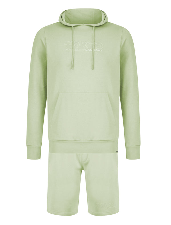 Brody Motif Brushback Fleece Pullover Hoodie and Jogger Shorts Set in Sage Green - Tokyo Laundry