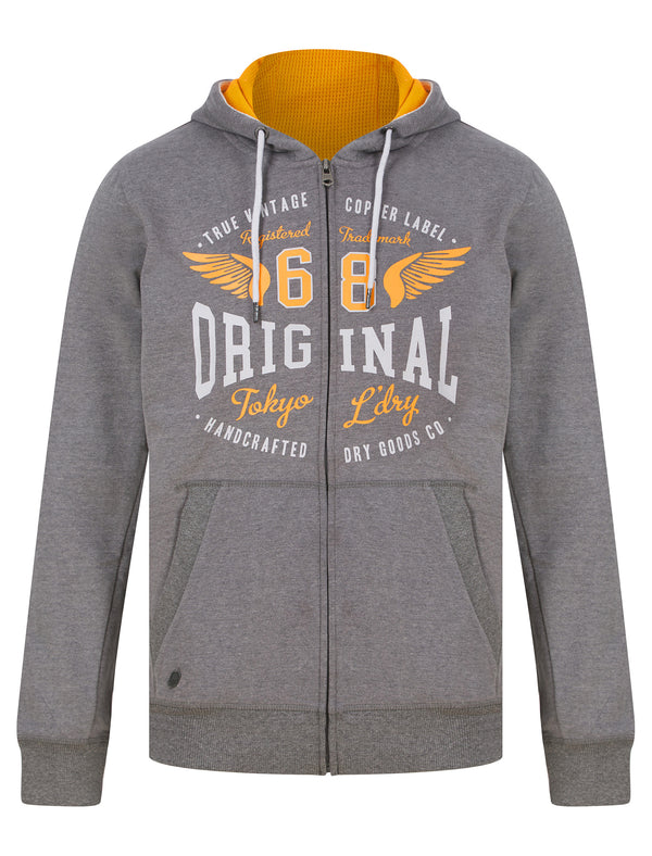 Revel Motif Brushback Fleece Zip Through Hoodie in Mid Grey Marl - Tokyo Laundry