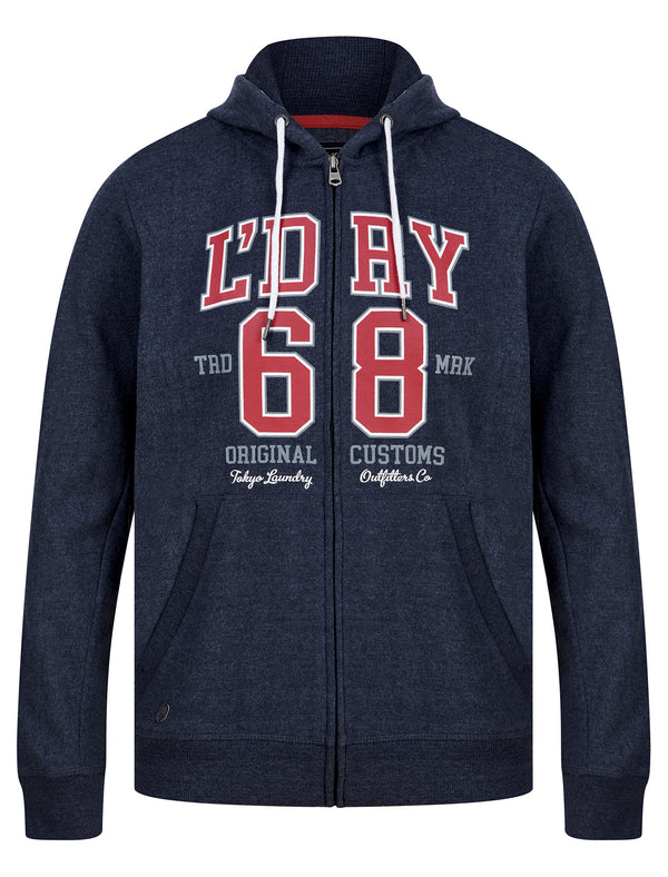 Heroic Motif Brushback Fleece Zip Through Hoodie in Navy Marl - Tokyo Laundry