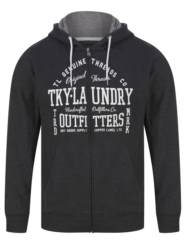 Bound Motif Brushback Fleece Zip Through Hoodie in Black Marl - Tokyo Laundry