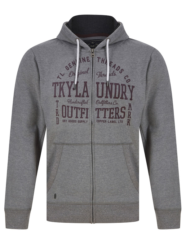 Bound Motif Brushback Fleece Zip Through Hoodie in Mid Grey Marl - Tokyo Laundry