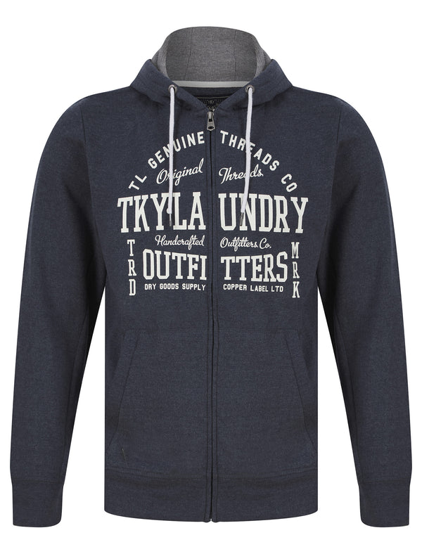 Bound Motif Brushback Fleece Zip Through Hoodie in Navy Marl - Tokyo Laundry