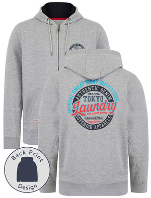 Baxter Reverse Print Brushback Fleece Zip Through Hoodie in Light Grey Marl - Tokyo Laundry