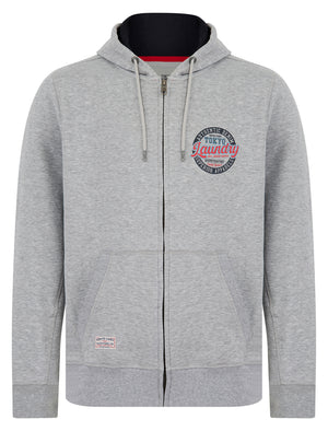 Baxter Reverse Print Brushback Fleece Zip Through Hoodie in Light Grey Marl - Tokyo Laundry