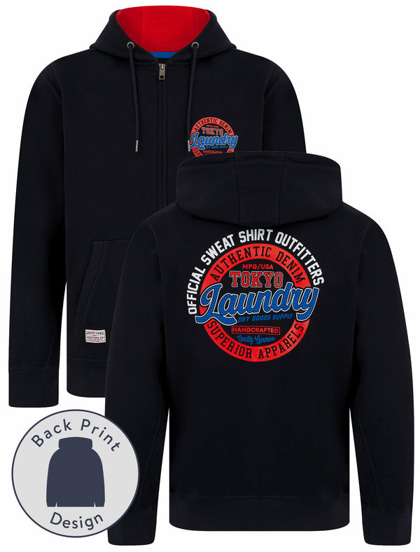 Baxter Reverse Print Brushback Fleece Zip Through Hoodie in Sky Captain Navy - Tokyo Laundry