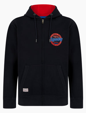Baxter Reverse Print Brushback Fleece Zip Through Hoodie in Sky Captain Navy - Tokyo Laundry