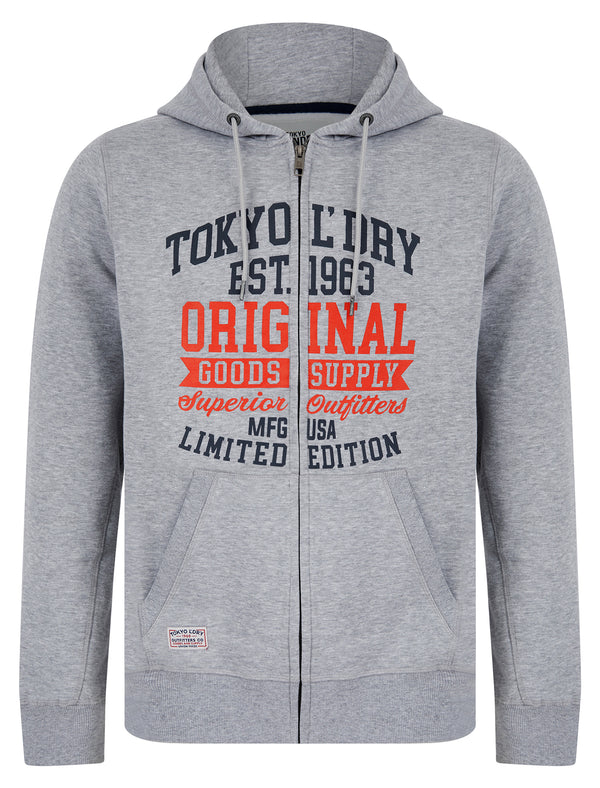 Claude Graphic Motif Brushback Fleece Zip Through Hoodie in Light Grey Marl - Tokyo Laundry