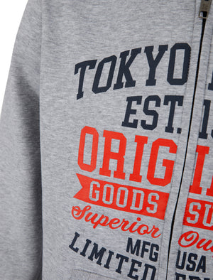 Claude Graphic Motif Brushback Fleece Zip Through Hoodie in Light Grey Marl - Tokyo Laundry