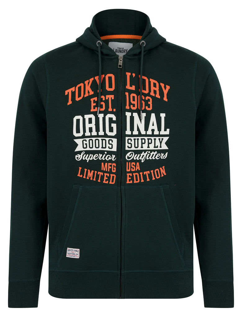 Claude Graphic Motif Brushback Fleece Zip Through Hoodie in Scarab Gre ...