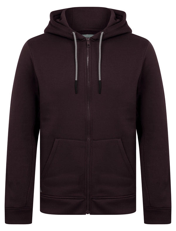 Emund Plain Brushback Fleece Zip Through Hoodie in Winetasting - Tokyo Laundry
