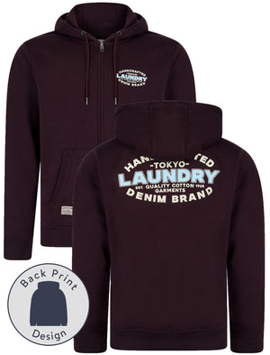 Stonefall Reverse Print Brushback Fleece Zip Through Hoodie in Winetasting - Tokyo Laundry