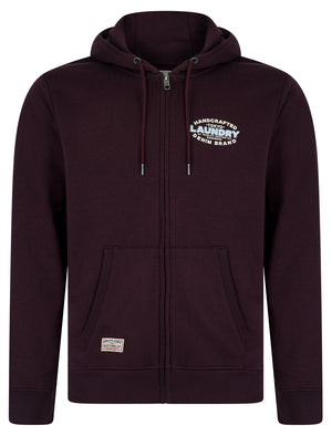 Stonefall Reverse Print Brushback Fleece Zip Through Hoodie in Winetasting - Tokyo Laundry