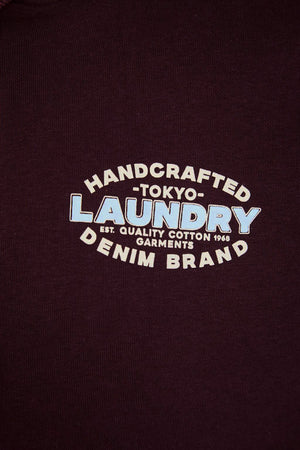 Stonefall Reverse Print Brushback Fleece Zip Through Hoodie in Winetasting - Tokyo Laundry
