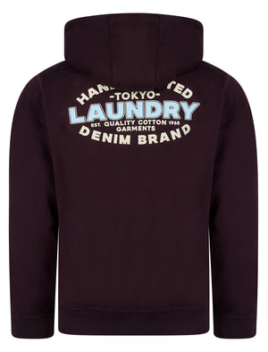 Stonefall Reverse Print Brushback Fleece Zip Through Hoodie in Winetasting - Tokyo Laundry