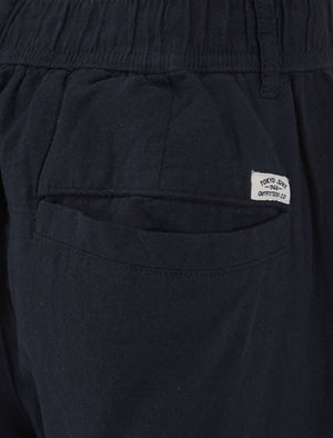 Idas Linen Cotton Comfort Fit Elasticated Waist Cargo Trousers in Sky Captain Navy - Tokyo Laundry